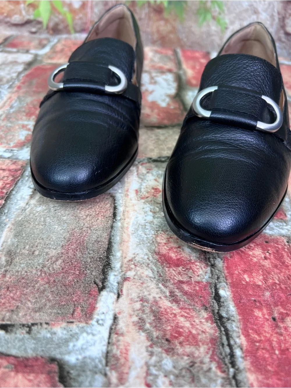 CORSO COMO Black Leather Quiet Luxury Minimalist Loafers with Silver Buckle, 7.5_8